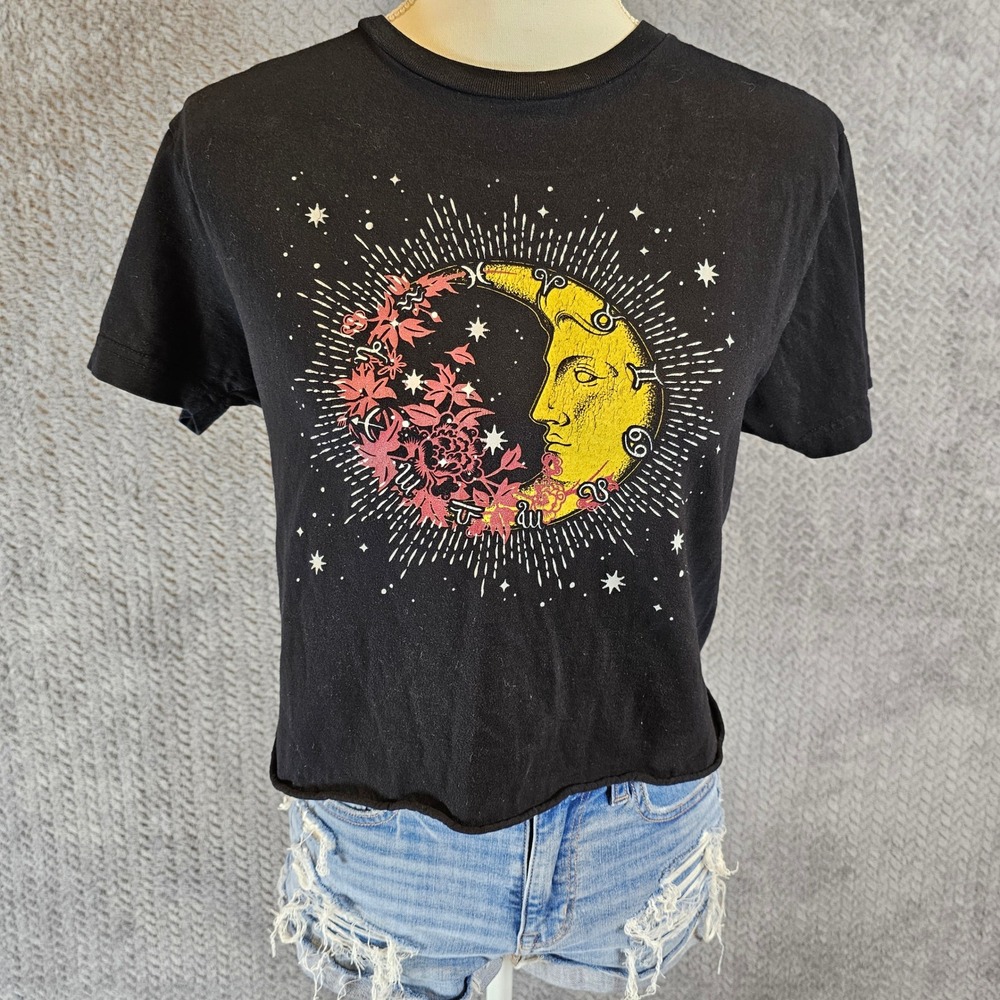 Obsessive Love Womens Celestial Moon Graphic Crop Top Black Cotton Size M 1014